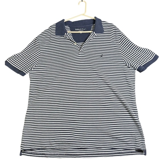 Nautica Blue‎ and White Striped Polo Shirt Classic Fit Short Sleeve Casual 2XL - Picture 1 of 7